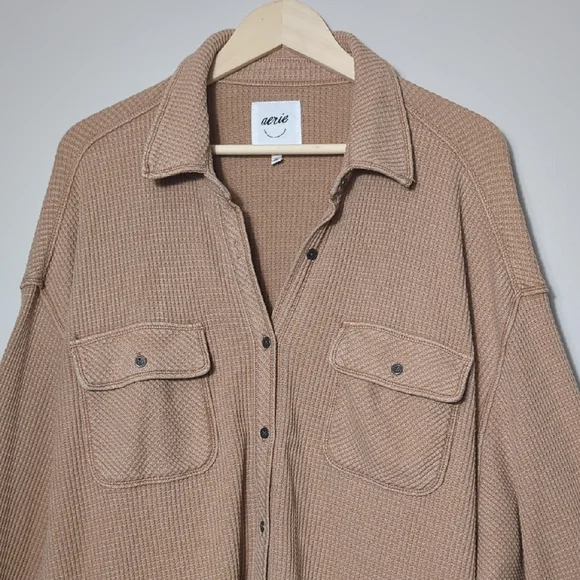 Aerie LumberJane Waffle Shirt Cappuccino Tan Button Up Oversized Relaxed XL - Picture 5 of 16